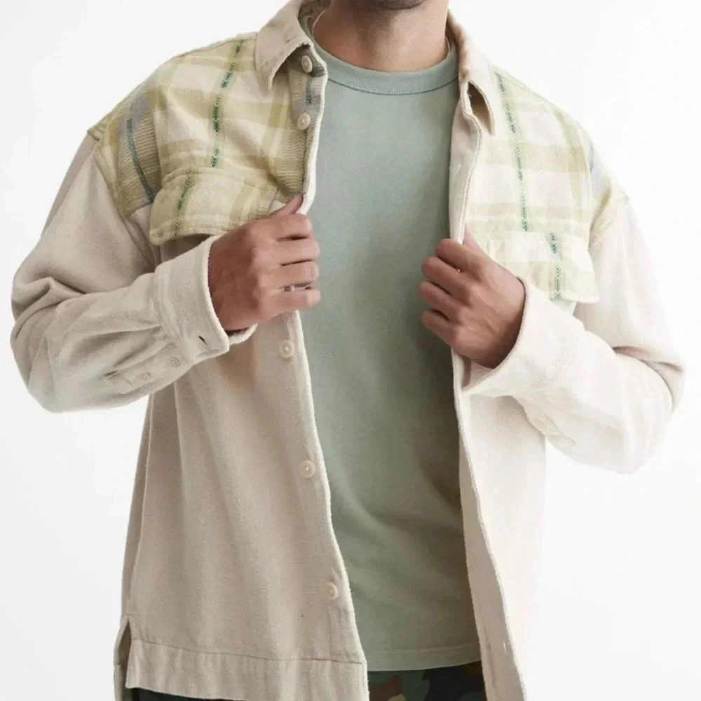 Urban Outfitters Cream Shirt Jacket with Green Plaid Details‎